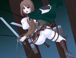  akamaru ass blade boots breasts brown_eyes brown_hair cameltoe cape dual_wielding female from_behind gradient gradient_background insignia jacket large_breasts open_mouth pants petra_ral shingeki_no_kyojin short_hair solo suzuneko thigh_strap three-dimensional_movement_gear tight_pants 