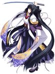  appare!_tenka_gomen black_hair bow hair_bow head_tilt highres japanese_clothes katana long_hair looking_at_viewer miyashiro_sousuke obi ponytail purple_eyes sash sidelocks simple_background solo sword tokugawa_eimi very_long_hair weapon white_background wide_sleeves 