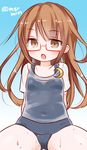  :o arms_behind_back brown_eyes brown_hair cameltoe crescent glasses kantai_collection marshmallow_mille mochizuki_(kantai_collection) navel one-piece_swimsuit red-framed_eyewear school_swimsuit school_uniform see-through semi-rimless_eyewear shirt solo swimsuit swimsuit_under_clothes twitter_username under-rim_eyewear wet wet_clothes wet_shirt wet_t-shirt 