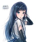  arm_warmers asashio_(kantai_collection) black_hair blue_eyes hatoneko kantai_collection long_hair school_uniform skirt solo 