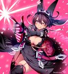  ;q alternate_color black_hair black_legwear blush breasts cleavage cleavage_cutout clover dress earrings elphelt_valentine finger_gun flower four-leaf_clover garter_straps gloves guilty_gear guilty_gear_xrd hat heart ikezaki_misa jewelry large_breasts one_eye_closed petals player_2 red_eyes rose short_hair solo thighhighs tongue tongue_out 