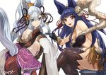  animal_ears backless_outfit bare_shoulders bell black_legwear blue_eyes blue_hair breasts detached_sleeves erune fur gloves granblue_fantasy hair_ribbon jingle_bell large_breasts long_hair looking_at_viewer multiple_girls ponytail pupps ribbon sideboob signature silver_hair simple_background sitting socie_(granblue_fantasy) tail thighhighs very_long_hair white_background yuel_(granblue_fantasy) 