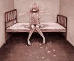  androgynous angel_wings bed clona closed_eyes commentary_request cotori_(clona) feathered_wings knees_together_feet_apart male_focus monochrome on_bed original petals room sepia sitting sitting_on_bed solo white_wings wings 