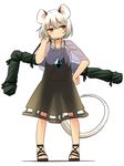  adapted_costume animal_ears brown_eyes capelet collarbone dowsing_rod dress gem grey_dress highres jewelry mouse_ears mouse_tail nazrin necklace pendant sandals see-through silver_hair sleeveless sleeveless_dress solo tail touhou yudepii 