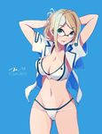  armpit_peek blonde_hair breasts cleavage dated glasses green_eyes groin hair_up jpeg_artifacts kantai_collection katori_(kantai_collection) large_breasts looking_at_viewer navel parted_lips shiny shiny_skin skindentation solo swimsuit tebi_(tbd11) 