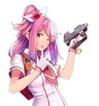  backpack bag blonde_hair bow gloves green_eyes gun gunslinger_stratos hair_bow heart katagiri_kyouka long_hair looking_at_viewer necktie one_eye_closed pink_hair ponytail retsuna short_sleeves simple_background solo upper_body weapon white_background white_gloves 