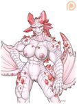  2015 basarios breasts claws crystal female gemstone iggi looking_at_viewer monster_hunter muscles nipples nude pink_nipples pink_scales plain_background pussy red_eyes rock ruby ruby_basarios scalie smile solo video_games white_background wings 