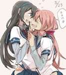  akashi_(kantai_collection) aqua_hairband bad_id bad_twitter_id bandana black_hair blue_eyes blush closed_eyes dated glasses hair_ribbon hairband hand_on_hip heart hip_vent holding_hands interlocked_fingers kantai_collection kiss_day long_hair looking_at_another multiple_girls ooyodo_(kantai_collection) open_mouth pink_hair ree_(re-19) ribbon school_uniform serafuku translated yuri 