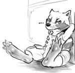  ... against_wall anthro arms_behind_head black_and_white bulge clothing dacad foot_focus grumpy guardians_of_the_galaxy jumpsuit looking_at_viewer male mammal monochrome raccoon reclining rocket_raccoon sitting sketch solo 