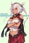  bare_shoulders breasts commentary_request crossed_arms glasses headgear highres jacket kantai_collection large_breasts looking_at_viewer midriff musashi_(kantai_collection) nian open_clothes open_jacket pointy_hair red_eyes sarashi silver_hair skirt solo twintails 