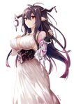  antenna_hair arisaka_ako bandaged_arm bandages bare_shoulders black_hair breasts danua draph dress fingerless_gloves gloves granblue_fantasy hair_between_eyes horns jewelry large_breasts long_hair necklace pointy_ears red_eyes simple_background solo twitter_username very_long_hair white_background white_dress 