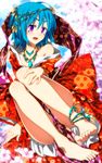  anklet bare_legs barefoot blue_hair cherry_blossoms circlet fang feet japanese_clothes jewelry kimono necklace off_shoulder original purple_eyes sazanami_mio short_hair solo 
