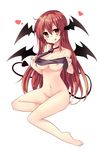  :p arai_togami bat_wings blush breasts collarbone colorized demon_tail head_wings heart highres koakuma large_breasts long_hair maturiuta_sorato naked_necktie navel necktie nipples nude red_eyes red_hair simple_background smile solo tail tongue tongue_out touhou wings 