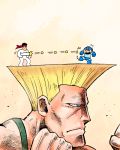  black_hair blonde_hair blue_eyes chibi fighting_stance firing flattop guile headband nintendo on_head rariatto_(ganguri) rockman rockman_(character) rockman_(classic) ryuu_(street_fighter) street_fighter super_scope super_smash_bros. super_smash_bros._ultimate x_x 