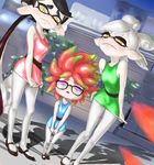  3girls anemo_(splatoon) aori_(splatoon) bare_shoulders black-framed_eyewear black_hair blossom_(ppg) blossom_(ppg)_(cosplay) blue_dress blue_eyes bubbles_(ppg) bubbles_(ppg)_(cosplay) buttercup_(ppg) buttercup_(ppg)_(cosplay) commentary_request cosplay cousins dabohaze_(artist) domino_mask dress eyeshadow fangs frown glasses green_dress highres hotaru_(splatoon) leaf long_hair makeup mary_janes mask mole mole_under_eye multiple_girls open_mouth pale_skin pantyhose pink_dress pink_hair pointy_ears powerpuff_girls rob_(splatoon) shoes short_dress short_hair silver_hair splatoon_(series) splatoon_1 symbol-shaped_pupils tentacle_hair white_legwear yellow_eyes 