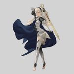  absurdres armor barefoot cape female_my_unit_(fire_emblem_if) fire_emblem fire_emblem_if full_body gauntlets hair_between_eyes hair_ornament hairband highres kozaki_yuusuke long_hair my_unit_(fire_emblem_if) official_art pointy_ears red_eyes revision simple_background solo sword toeless_legwear weapon 