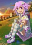  building choker city d-pad d-pad_hair_ornament food hair_ornament highres looking_at_viewer neptune_(choujigen_game_neptune) neptune_(series) pudding purple_eyes purple_hair segamark short_hair sky solo striped striped_legwear sunset 