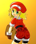  :d ass belt bike_shorts blonde_hair blush box brown_gloves cardboard_box cowboy_shot from_behind gloves green_eyes hat holding holding_box leaning_forward long_hair looking_at_viewer looking_back m.m open_mouth orange_background red_shorts rockman rockman_dash roll_caskett short_sleeves shorts simple_background smile solo 