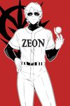  ball baseball baseball_uniform char_aznable clothes_writing contrapposto gundam hand_on_hip itsmefool long_sleeves male_focus smirk solo sportswear standing sunglasses zeon 