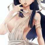  1girl areolae bare_shoulders black_hair breasts curvy fairy_tail female hands kurotama_(nicksor) large_breasts long_hair nipples parted_lips red_lips see-through simple_background solo transparent_clothes ultear_milkovich upper_body 
