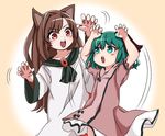  :d ameyu_(rapon) animal_ears bad_id bad_twitter_id brown_hair claw_pose dog_ears dress fur green_eyes green_hair imaizumi_kagerou kasodani_kyouko long_hair multiple_girls open_mouth red_eyes short_hair smile touhou v-shaped_eyebrows wolf_ears 