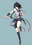  ahoge bad_id bad_pixiv_id bandaged_arm bandaged_leg bandages black_hair blue_eyes hair_over_one_eye kako_(kantai_collection) kantai_collection leg_up looking_at_viewer lu_(nh054021) midriff navel no_legwear pleated_skirt ponytail remodel_(kantai_collection) sailor_collar school_uniform serafuku short_hair simple_background skirt solo 