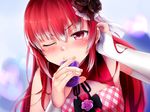  :&gt;= adjusting_hair audrey_belrose blush breasts bridal_gauntlets deepthroat dildo game_cg hair_ornament highres huniepop long_hair looking_at_viewer ninamo non-web_source one_eye_closed oral red_eyes saliva sexually_suggestive small_breasts solo sucking 