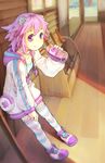  bottle d-pad d-pad_hair_ornament drinking hair_ornament hood hoodie leaning looking_at_viewer neptune_(choujigen_game_neptune) neptune_(series) purple_eyes purple_hair segamark solo striped striped_legwear thighhighs 