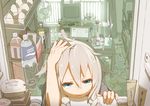  aqua_eyes bad_id bad_pixiv_id bag blonde_hair bottle braid computer egg fan hand_on_head ia_(vocaloid) laptop looking_at_viewer messy_room milk_carton mouse_(computer) napkin refrigerator solo sweat taiyou_no_ko_(vocaloid) television tomioka_jirou twin_braids upper_body vocaloid water_bottle 