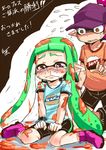  baseball_cap blush bowl crying crying_with_eyes_open domino_mask food food_in_mouth frown green_hair hat inkling long_hair mask monster_boy monster_girl mouth_hold multiple_girls navel pointy_ears purple_eyes red_eyes rice rice_bowl shirotake_jinan shirt sitting snot splatoon_(series) splatoon_1 super_soaker tears tentacle_hair toast toast_in_mouth translation_request wavy_mouth 