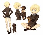  animal ass blonde_hair blue_eyes bob_cut brown_hair dachshund dog erica_hartmann from_behind holding holding_animal indian_style kodamari military military_uniform multicolored_hair panties short_hair simple_background sitting solo strike_witches two-tone_hair underwear uniform white_background white_panties world_witches_series 