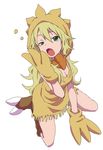  blonde_hair breasts chocobo cleavage final_fantasy full_body gloves green_eyes highres hoshii_miki idolmaster idolmaster_(classic) long_hair looking_at_viewer medium_breasts open_mouth simple_background solo tears white_background yamamoto_souichirou yawning 