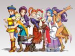  :d alena_(dq4) ankle_boots arm_hug armlet armor armored_dress bianca blonde_hair blue_eyes blue_hair boots bow bracelet braid breasts brown_eyes brown_footwear brown_hair cape choker circlet cleavage curly_hair dark_skin dragon_quest dragon_quest_heroes dress earrings elbow_gloves flora gloves hair_between_eyes hair_bow hair_over_shoulder hat highres hug jessica_albert jewelry julietta_(dqh) knee_boots large_breasts loincloth long_hair looking_at_viewer looking_back manya masayan_(minor-ms) meer_(dqh) midriff multiple_girls necklace no_legwear one_eye_closed open_mouth orange_hair outstretched_arm pantyhose pelvic_curtain ponytail purple_eyes purple_hair purple_shirt red_eyes shirt short_dress short_twintails single_braid smile thighhighs twintails yellow_footwear 
