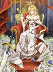  artoria_pendragon_(all) blonde_hair blue_flower blue_rose choker cross_akiha crown dress elbow_gloves excalibur fate/stay_night fate_(series) flower fur_trim gloves green_eyes highres lily_(flower) looking_at_viewer ribbon_choker rose saber short_hair sitting smile solo staff sword throne weapon white_dress white_gloves 