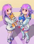  absurdres choker crossover d-pad d-pad_hair_ornament hair_ornament highres multiple_girls nepgear neptune_(choujigen_game_neptune) neptune_(series) purple_eyes purple_hair sega segamark sonic sonic_the_hedgehog striped striped_legwear stuffed_animal stuffed_toy tails_(sonic) 