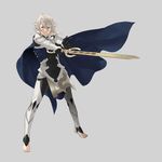  absurdres armor barefoot cape fire_emblem fire_emblem_if full_body gauntlets hair_between_eyes highres kozaki_yuusuke male_focus male_my_unit_(fire_emblem_if) my_unit_(fire_emblem_if) official_art pointy_ears red_eyes simple_background solo sword weapon 