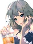  alcohol bare_shoulders blue_eyes blush brown_hair close-up cup dress drinking_glass face fringe_trim glass green_eyes heterochromia highres ice idolmaster idolmaster_cinderella_girls looking_at_viewer mistrail mole mole_under_eye open_mouth short_hair smile solo takagaki_kaede upper_body 