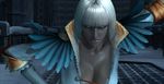  1girl 3d blue_eyes breasts cleavage dark_skin devil_may_cry female gloria_(devil_may_cry) large_breasts solo standing trish_(devil_may_cry) white_hair 