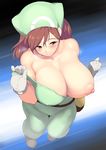  bare_shoulders blush breast_slip breasts brown_eyes brown_hair cleavage covered_nipples flashing gloves hakai_shin highres huge_breasts light_smile long_hair looking_at_viewer looking_up nipples npc_trainer one_breast_out pokemon pokemon_(game) pokemon_breeder_(pokemon) pokemon_xy solo sweat undressing 