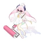  ahoge demon_girl domino_mask dress fang full_body horns inkling long_hair looking_at_viewer mask mofetousu_furuna monster_girl open_mouth original paint_roller pink_hair pointy_ears purple_eyes saru short_eyebrows simple_background smile solo splat_roller_(splatoon) splatoon_(series) splatoon_1 tentacle_hair twintails white_background white_dress 
