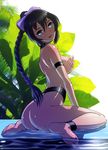  ankle_strap armband ass back backlighting barefoot black_hair blue_eyes bow braid breasts commentary_request covering covering_breasts feet hair_between_eyes hair_bow head_tilt large_breasts lipstick long_hair looking_at_viewer looking_back makeup nude onsen_tengoku original parted_lips plant poolside sideboob sitting smile soles solo toes wariza water wet 
