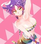  bad_id bad_pixiv_id breasts cleavage genderswap genderswap_(mtf) jojo_no_kimyou_na_bouken joseph_joestar_(young) large_breasts midriff purple_hair ribbon senzzang short_hair shorts solo yellow_eyes 