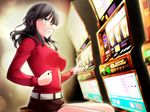  aiko_yumi belt black_hair breasts casino clenched_hand fist_pump gambling game_cg glasses grey_eyes grin highres huniepop indoors long_hair medium_breasts ninamo non-web_source pencil_skirt rimless_eyewear skirt slot_machine smile solo white_belt 