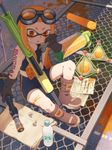  bike_shorts black_gloves boots brown_footwear chestnut_mouth domino_mask gloves goggles goggles_on_head heart holding ink_tank_(splatoon) inkling itou_(mogura) long_hair mask monster_girl open_mouth orange_eyes orange_hair pain scope sitting solo splat_bomb_(splatoon) splat_charger_(splatoon) splatoon_(series) splatoon_1 sweat tank_top wrench 