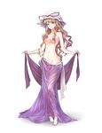  barefoot blonde_hair collarbone covering covering_breasts full_body groin hair_censor hat hat_ribbon highres long_hair long_skirt looking_at_viewer minust mob_cap navel open_mouth purple_eyes purple_skirt ribbon see-through simple_background skirt smile solo standing topless touhou white_background yakumo_yukari 