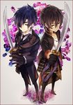  armor black_gloves black_hair brown_hair dog_tags eyepatch gloves highres japanese_armor katana male_focus mayoko_na_kuroneko multiple_boys necktie ookurikara shokudaikiri_mitsutada smile sword touken_ranbu weapon yellow_eyes 