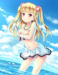  accidental_exposure bikini_skirt bikini_top_removed blonde_hair blush cloud covering covering_breasts cowboy_shot day earrings embarrassed hair_ornament jewelry long_hair looking_at_viewer navel red_eyes sky solo tokyo_7th_sisters two_side_up uehara_yukihiko uesugi_u_kyouko wading 