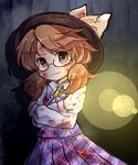  bow brown_eyes brown_hair bruise checkered checkered_skirt checkered_vest dirty_clothes frown glasses grey_background hat hat_bow injury lens_flare low_twintails pote_(ptkan) red-framed_eyewear self_hug skirt solo sweatdrop tears touhou twintails usami_sumireko vest wavy_mouth 