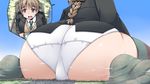  ass braid colored_stripes feet giantess highres huge_ass light_brown_hair lynette_bishop necktie no_shoes open_mouth panties single_braid strike_witches striped striped_legwear sweatdrop sweater_vest terada_ochiko thighhighs underwear white_panties world_witches_series 