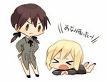  &gt;:( &gt;_&lt; black_ribbon blonde_hair brown_hair chibi closed_eyes erica_hartmann frown gertrud_barkhorn hair_ribbon hands_on_hips kodamari long_hair military military_uniform multiple_girls open_mouth panties ribbon short_hair simple_background strike_witches tantrum translated twintails underwear uniform v-shaped_eyebrows white_background white_panties world_witches_series 